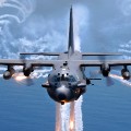 An AC-130H gunship from the 16th Special Operations Squadron, Hurlburt Field, Fla., jettisons flares as an infrared countermeasure during multi-gunship formation egress training on Aug. 24, 2007. (U.S. Air Force photo by Senior Airman Julianne Showalter) (RELEASED)