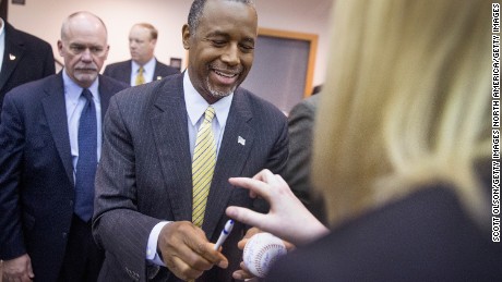 WILTON, IA - NOVEMBER 22:  Republican presidential candidate Ben Carson greets guests at a barbeque hosted by Jeff Kauffman, chairman of the Republican party of Iowa, on November 22, 2015 in Wilton, Iowa. (Photo by Scott Olson/Getty Images)