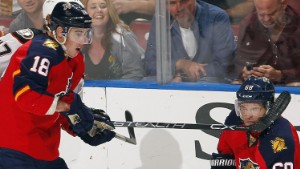 SUNRISE, FL - NOVEMBER 19: Jaromir Jagr #68 of the Florida Panthers gets whacked in the face by stick belonging to teammate Reilly Smith #18 against the Anaheim Ducks at the BB&T Center on November 19, 2015 in Sunrise, Florida. (Photo by Eliot J. Schechter/NHLI via Getty Images) 