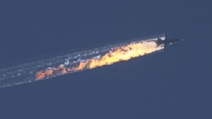 Russian warplane goes down in Syria's northwestern town of Bayirbucak, near the Turkish border, on November 24, 2015.