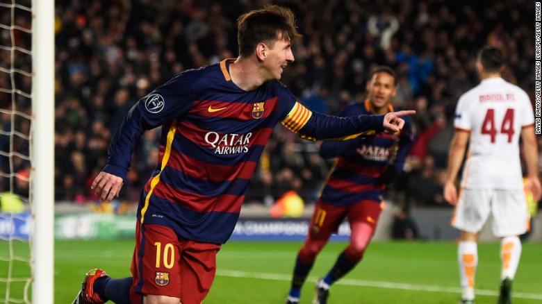 The returning Lionel Messi of Barcelona celebrates scoring his team&#39;s second goal against Roma in the 6-1 rout.