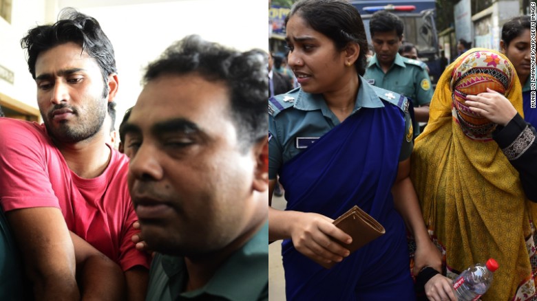 Shahadat Hossain and his wife, Nritto Shahadat, are escorted by security to court appearances in October.