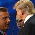 Presidential candidates Donald Trump (R) speaks with New Jersey Gov. Chris Christie during a break at the the CNBC Republican Presidential Debate at University of Colorados Coors Events Center October 28, 2015 in Boulder, Colorado.