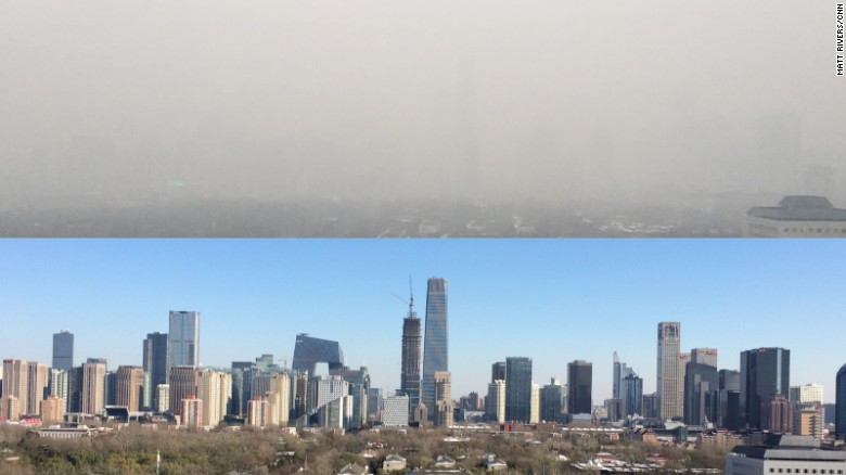 Both photos, taken from CNN's Beijing Bureau, shows the city choked in smog on November 27, 2015, and the same view on a blue sky day just the day before.