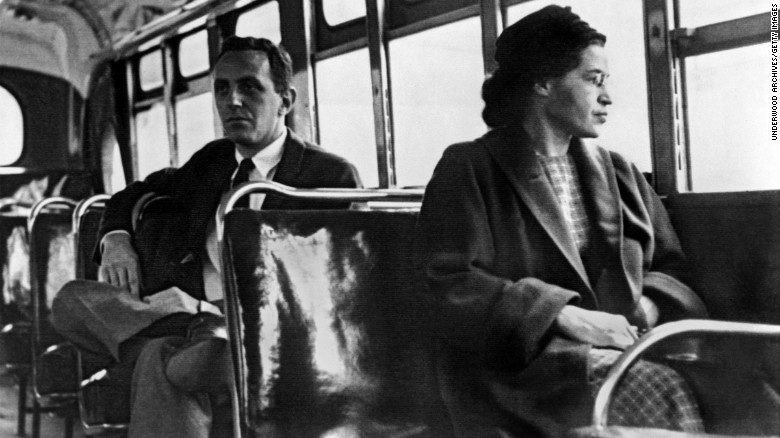 Rosa Parks seated toward the front of the bus, Montgomery, Alabama, 1956. (Photo by Underwood Archives/Getty Images)