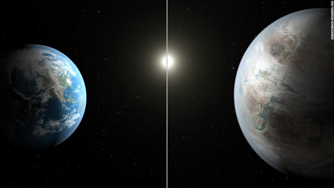 This artistic concept image compares Earth (left) to Kepler-452b, which is about 60 percent larger. Both planets orbit a G2-type star of about the same temperature; however, the star hosting Kepler-452b is 6 billion years old -- 1.5 billion years older than our sun.