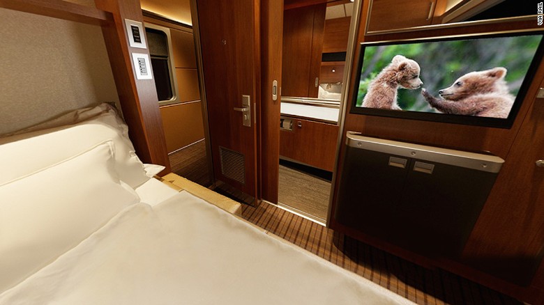 VIA Rail&#39;s new Prestige class bedrooms feature ensuite showers, a washroom, TV and minibar. Alcohol is included in the ticket price.