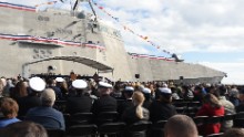 Secretary of the Navy Ray Mabus speaks in Gulfport, Mississippi, at the christening ceremony for the Navy's newest littoral combat ship, the USS&nbsp;Jackson.