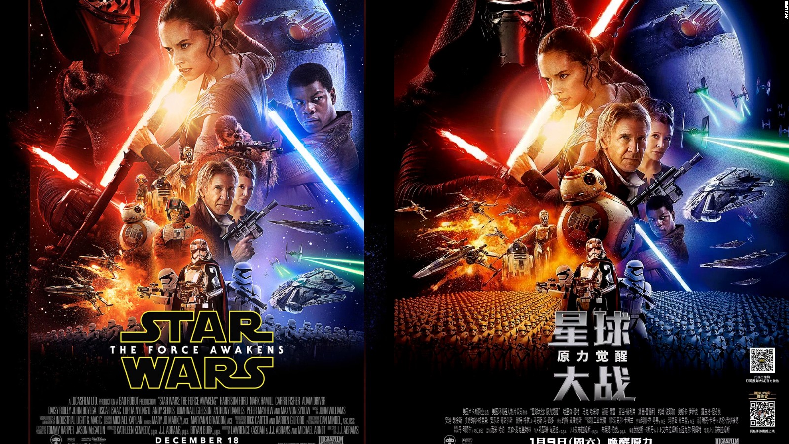 The U.S. poster for 'Star Wars: The Force Awakens' (left) and the Chinese one (right), which has been accused of minimizing or removing characters of color