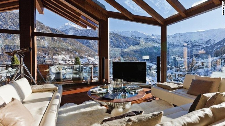 Price: From $55,795/week. Winner of the Best Ski Chalet in Switzerland 2013 at the World Ski Awards, this stunner is reached via a rock tunnel. An elevator takes guests straight to the vast open plan living and dining room, which offers 180-degree views over Zermatt and to the Matterhorn.