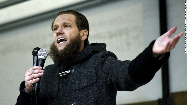 Salafist preacher Sven Lau speaks to supporters at a gathering in Wuppertal, Germany, in March.