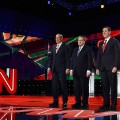 Republican presidential candidates George Pataki, Mike Huckabee, Rick Santorum and Sen. Lindsay Graham are introduced during the CNN presidential debate at The Venetian Las Vegas on December 15, 2015.