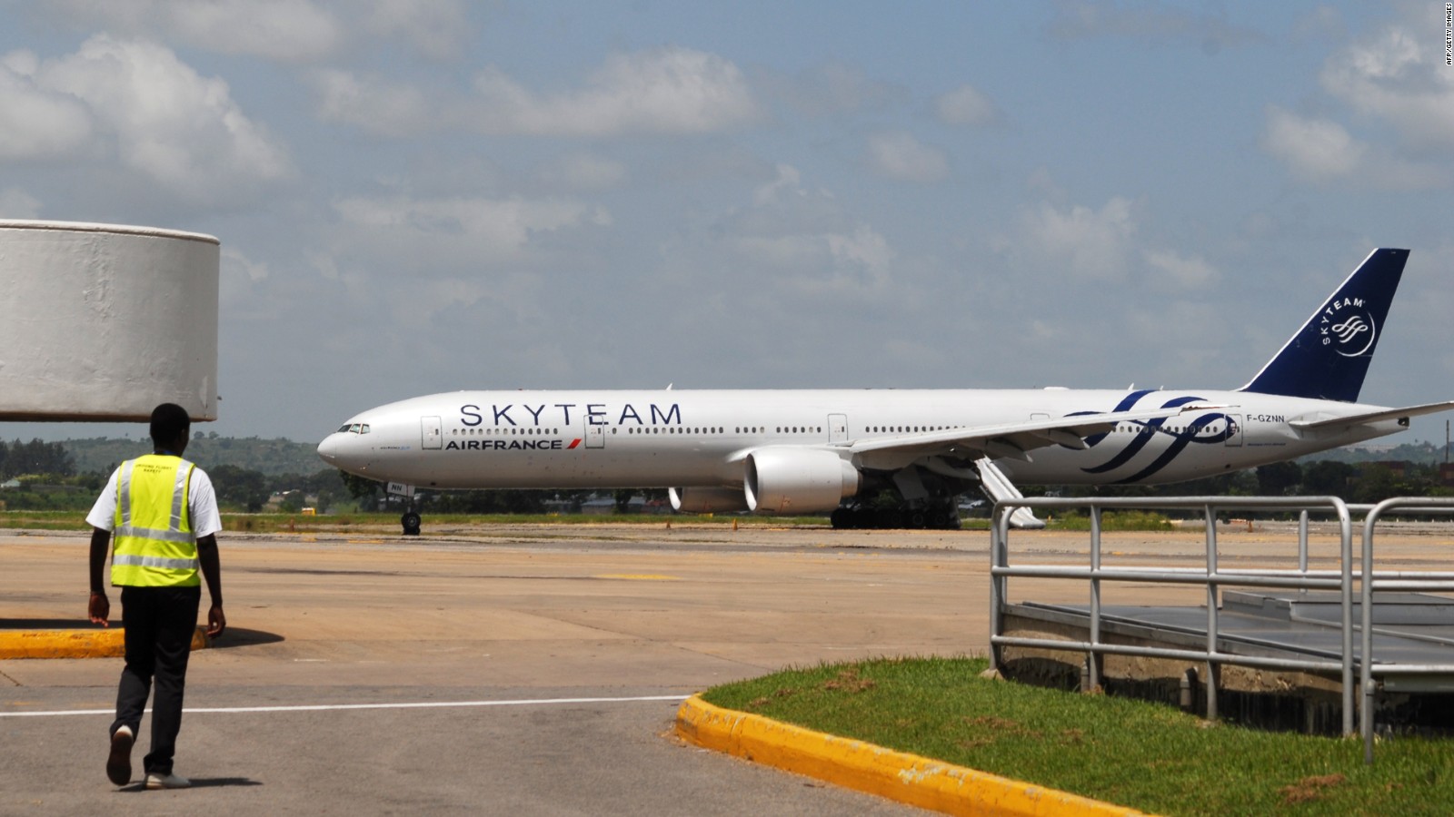 An Air France jet sits on the runway at the airport in Mombasa, Kenya.