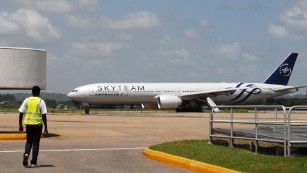 An Air France flight sits on the runway Moi International Airport in Mombasa, Kenya. The plane was diverted there after a suspicious device was reported on board.