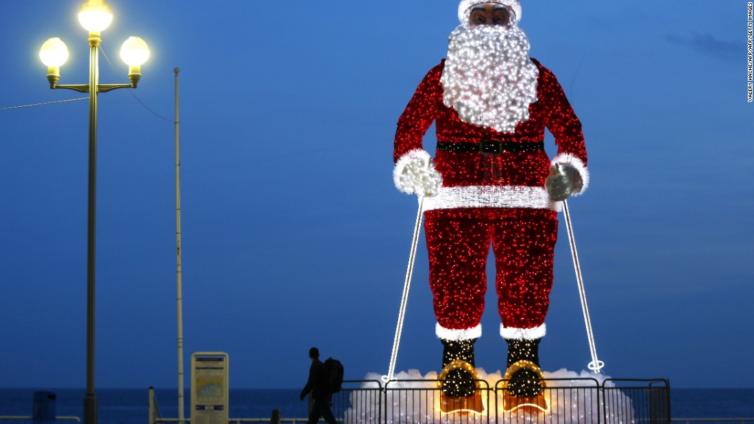 Santa Claus reigns supreme along the Promenade des Anglais in the French Riviera city of Nice.