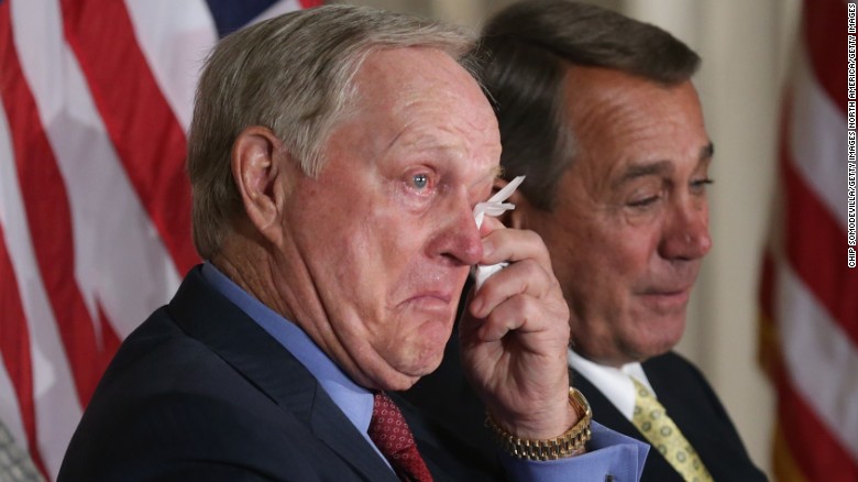 WASHINGTON, DC - MARCH 24:  Golf legend Jack Nicklaus (C) and Speaker of the House John Boehner (R-OH) wipe away tears after listening to the remarks of Nicklaus' son Jack Nicklaus II during the elder Nicklaus' Congressional Gold Medal a ceremony in the U.S. Capitol Rotunda March 24, 2015 in Washington, DC.  Nicklaus was lauded by family, friends and politicians for his many sports achievements and his philanthropy. Last month Nicklaus his wife, Barbara, pledged $60 million for the Miami Children's Health System through their Nicklaus Children's Health Care Foundation.  (Photo by Chip Somodevilla/Getty Images)