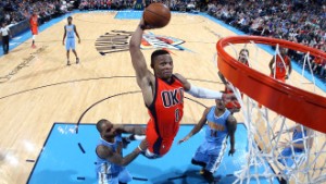 OKLAHOMA CITY, OK - DECEMBER 27:  Russell Westbrook #0 of the Oklahoma City Thunder goes to the basket against the Denver Nuggets on December 27, 2015 at Chesapeake Energy Arena in Oklahoma City, Oklahoma. NOTE TO USER: User expressly acknowledges and agrees that, by downloading and or using this photograph, User is consenting to the terms and conditions of the Getty Images License Agreement. Mandatory Copyright Notice: Copyright 2015 NBAE (Photo by Layne Murdoch/NBAE via Getty Images)'