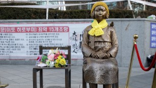 The Japanese government requested South Korea remove this statue symbolizing &quot;comfort women&quot; which currently sits in front of the Japanese Embassy in Seoul, South Korea. 