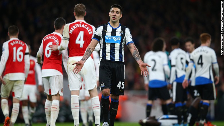 Aleksandar Mitrovic of Newcastle reacts to a missed chance against Arsenal.
