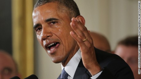 WASHINGTON, DC - JANUARY 05:  With tears running down his cheeks, U.S. President Barack Obama talks about the victims of the 2012 Sandy Hook Elementary School shooting and about his efforts to increase federal gun control in the East Room of the White House January 5, 2016 in Washington, DC. Without approval from Congress, Obama is sidestepping the legislative process with executive actions to expand background checks for some firearm purchases and step up federal enforcement of existing gun laws.  (Photo by Chip Somodevilla/Getty Images)