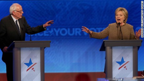 Democratic president candidates Bernie Sanders and Hillary Clinton debate at Saint  Anselm College December 19, 2015 in Manchester, New Hampshire.