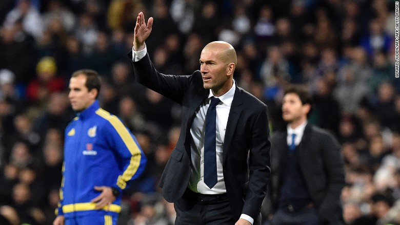 French coach Zinedine Zidane gestures during the Spanish La Liga match between Real Madrid and Deportivo La Coruna at the Santiago Bernabeu.