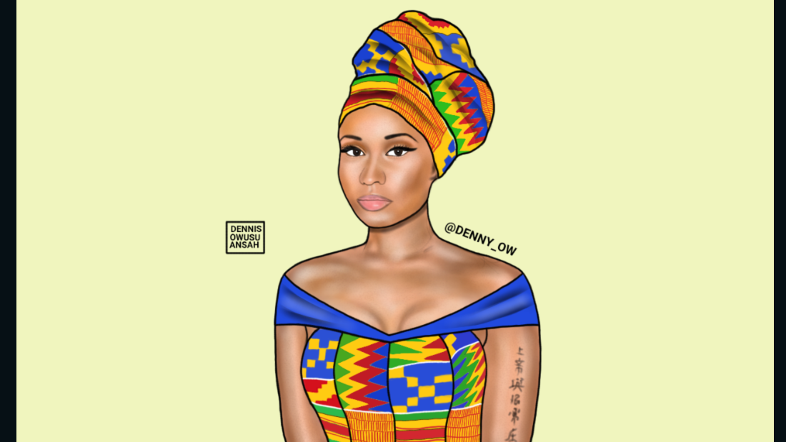 Combining bright colors with intricate patterns, Owusu-Ansah has created Nicki Minaj, aka, Nicki Maame Akua Amponsah. 