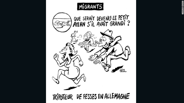 This controversial Charlie Hebdo cartoon by acting editor Laurent &quot;Riss&quot; Sourisseau reads: &quot;What would little Aylan have grown up to be? (A) groper in Germany.&quot;