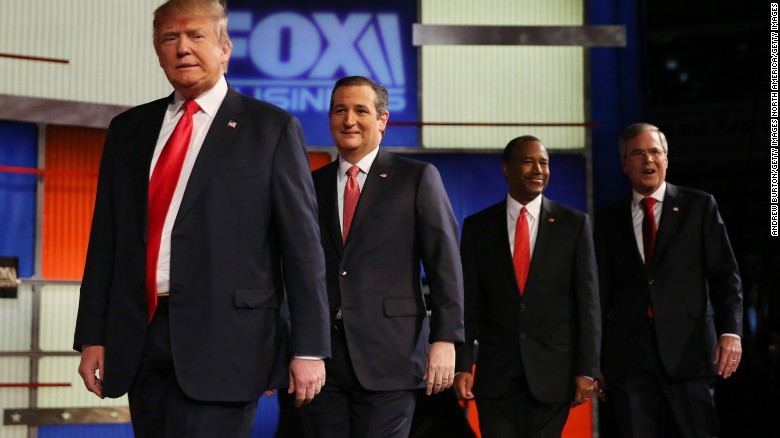 NORTH CHARLESTON, SC - JANUARY 14:  Republican presidential candidates (L-R) Donald Trump, Sen. Ted Cruz (R-TX), Ben Carson and Jeb Bush arrive to participate in the Fox Business Network Republican presidential debate at the North Charleston Coliseum and Performing Arts Center on January 14, 2016 in North Charleston, South Carolina. The sixth Republican debate is held in two parts, one main debate for the top seven candidates, and another for three other candidates lower in the current polls.  (Photo by Andrew Burton/Getty Images)