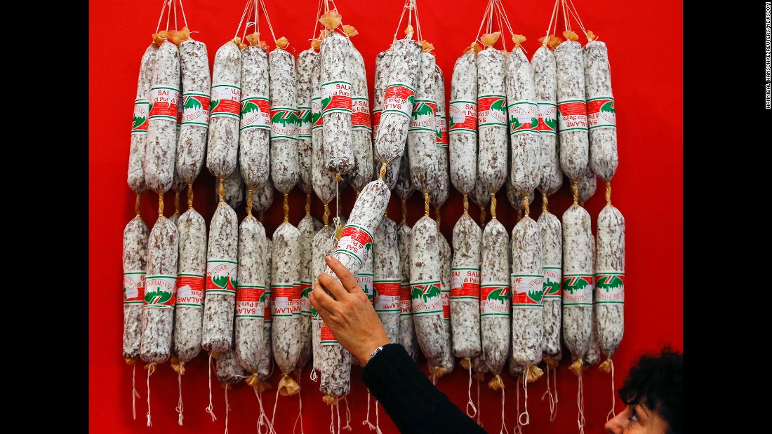 An Italian exhibitor hangs up salami at the Green Week agricultural trade food fair, which ran from January 15-24. The fair attracts more than 400,000 visitors each year.