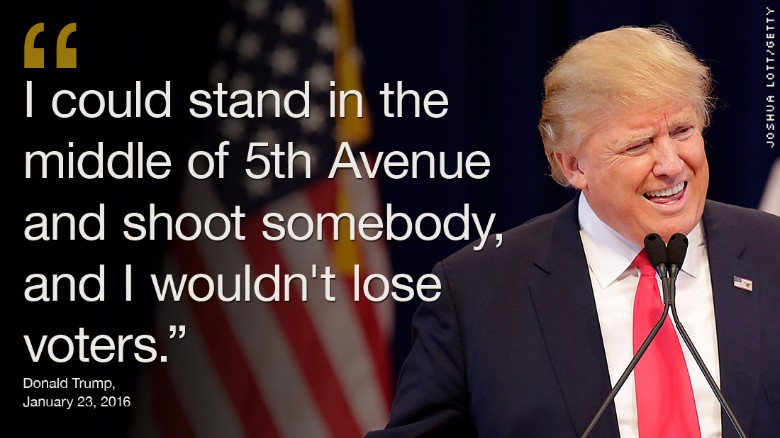 On January 24, Donald Trump boasted at a campaign rally in Sioux Center, Iowa, that support for his presidential campaign would not decline even if he shot someone in the middle of a crowded street.