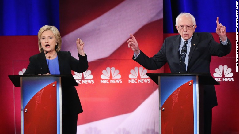 CHARLESTON, SC - JANUARY 17: Democratic presidential candidates Hillary Clinton (L) and Senator Bernie Sanders (I-VT) participate in the Democratic Candidates Debate hosted by NBC News and YouTube on January 17, 2016 in Charleston, South Carolina. This is the final debate for the Democratic candidates before the Iowa caucuses. (Photo by Andrew Burton/Getty Images)