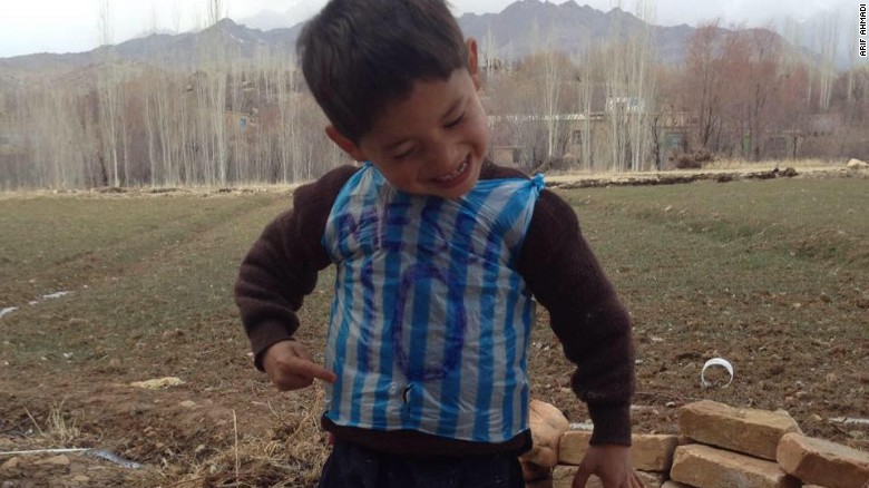 An image posted to Hamayon's Facebook page shows his little brother dancing in his makeshift shirt.