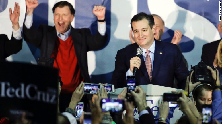 U.S. Sen. Ted Cruz emerges victorious at a rally Monday, February 1, in Des Moines after taking first place in Iowa&#39;s Republican caucuses on Monday, February 1. With about 99% of precincts reporting, Cruz had 28% of the vote, compared with 24% for Donald Trump and 23% for U.S. Sen. Marco Rubio. &quot;Iowa has sent notice that the Republican nominee and the next president of the United States will not be chosen by the media, will not be chosen by the Washington establishment,&quot; Cruz said.