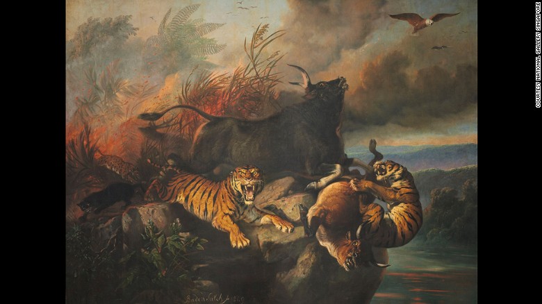 Raden Saleh&#39;s &quot;Boschbrand&quot; (Forest Fire) spans an entire wall in the museum.