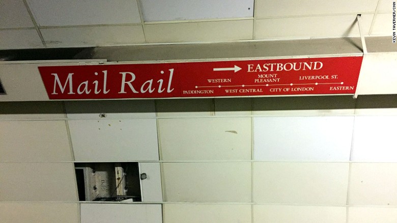 A sign displays the network of Mail Rail stations beneath the city. These were situated beneath the city&#39;s main postal sorting depots.