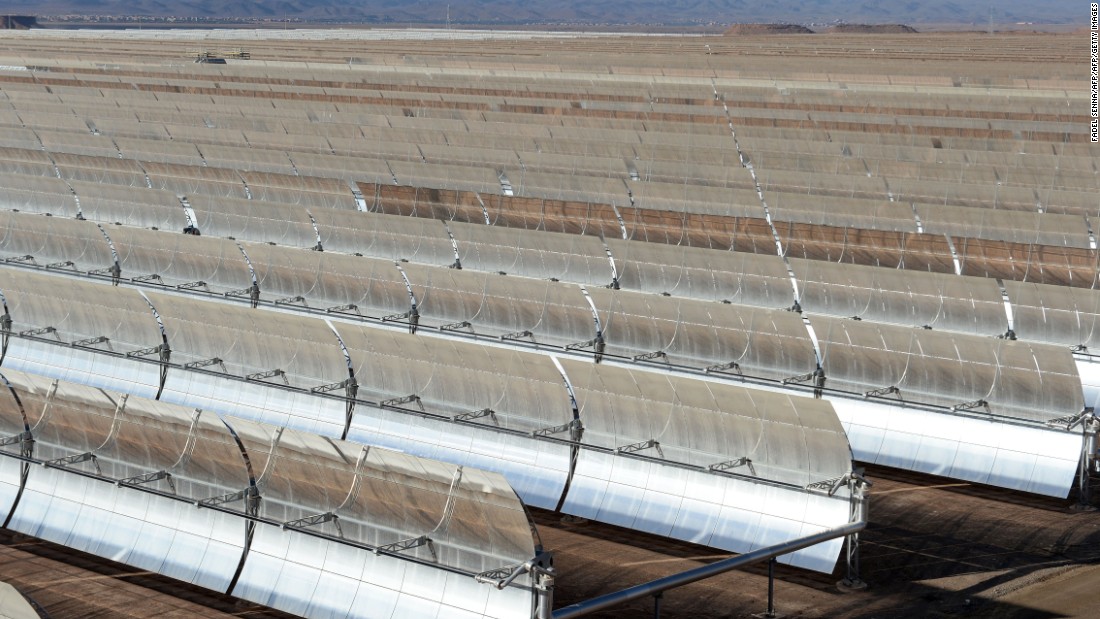 Solar mirrors at the Noor 1 concentrated solar power plant outside the 