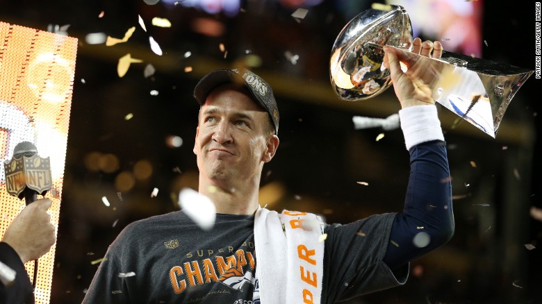 SANTA CLARA, CA - FEBRUARY 07:  Peyton Manning #18 of the Denver Broncos celebrates with the Vince Lombardi Trophy after Super Bowl 50 at Levi's Stadium on February 7, 2016 in Santa Clara, California. The Broncos defeated the Panthers 24-10.  (Photo by Patrick Smith/Getty Images)