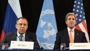 (L-R) Russian Foreign Minister Sergei Lavrov, US Secretary of States John Kerry and UN Special Envoy for Syria Staffan de Mistura follow a news conference after the International Syria Support Group (ISSG) meeting in Munich, southern Germany, on February 12, 2016. / AFP / Christof STACHE (Photo credit should read CHRISTOF STACHE/AFP/Getty Images)