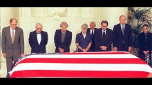 U.S. Supreme Court justices pay their respects in front of the casket of former Chief Justice Warren E. Burger during a prayer ceremony in the Great Hall at the Supreme Court Building in Washington on June 28, 1995.