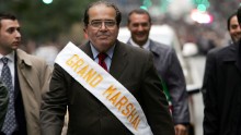 Surrounded by security, Scalia walks in the annual Columbus Day Parade on October 10, 2005, in New York City.