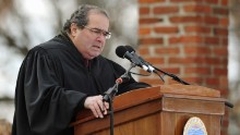 Scalia conducts a naturalization ceremony for 16 new U.S. citizens during the commemoration of the 150th anniversary of U.S. President Abraham Lincoln's historic Gettysburg Address on November 19, 2013, at Gettysburg National Military Park in Gettysburg, Pennsylvania.