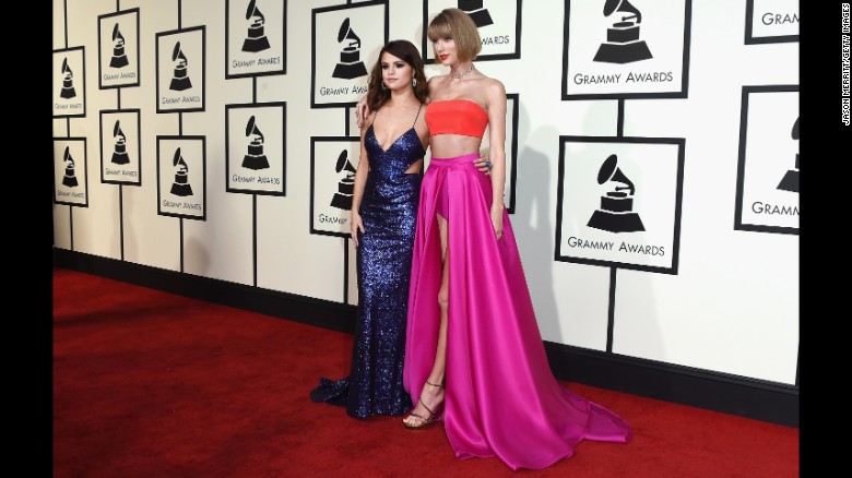 Selena Gomez, left, and Taylor Swift pose on the red carpet before the &lt;a href=&quot;http://www.cnn.com/2016/02/15/entertainment/grammys-2016-feat/index.html&quot; target=&quot;_blank&quot;&gt;58th Grammy Awards&lt;/a&gt; on Monday, February 15.