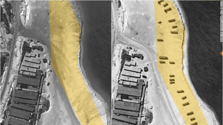 A satellite image of Woody Island, part of the disputed Paracel chain in the South China Sea, is pictured left, on February 3, 2015, and right, on February 14.