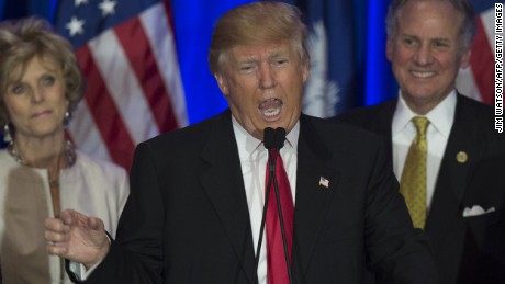 Donald Trump celebrates victory in the South Carolina primary on February 20, 2016 in Spartanburg, South Carolina.