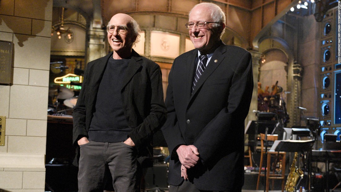 Comedian Larry David and Sanders &amp;lt;a href=&amp;quot;http://money.cnn.com/2016/02/07/media/bernie-sanders-larry-david-saturday-night-lvie/&amp;quot; target=&amp;quot;_blank&amp;quot;&amp;gt;appear together on &amp;quot;Saturday Night Live&amp;quot;&amp;lt;/a&amp;gt; on February 6. David has taken the role of Sanders in a series of sketches throughout the campaign season.
