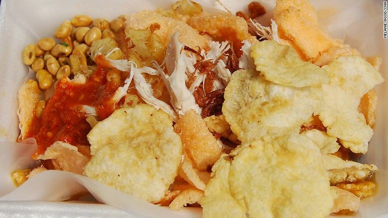 From blue-collar workers to government ministers, almost everyone starts their day with bubur ayam, a savory porridge served with soy sauce, fried shallots, shredded chicken, beans and crackers.