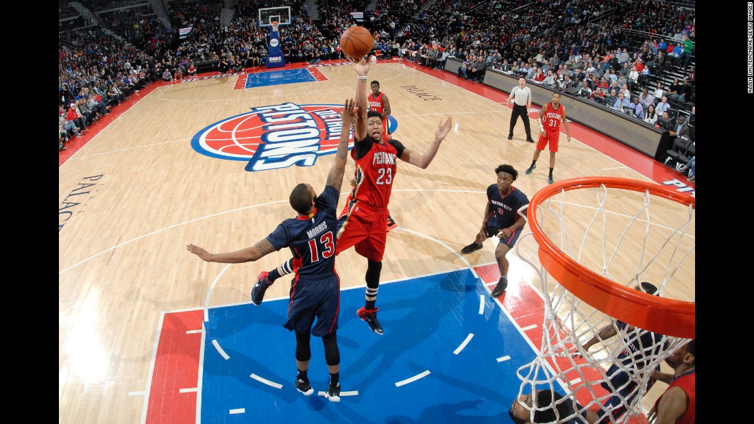 Anthony Davis shoots over Marcus Morris during an NBA game in Detroit on Sunday, February 21. Davis had 59 points and 20 rebounds for the New Orleans Pelicans, who won 111-106.