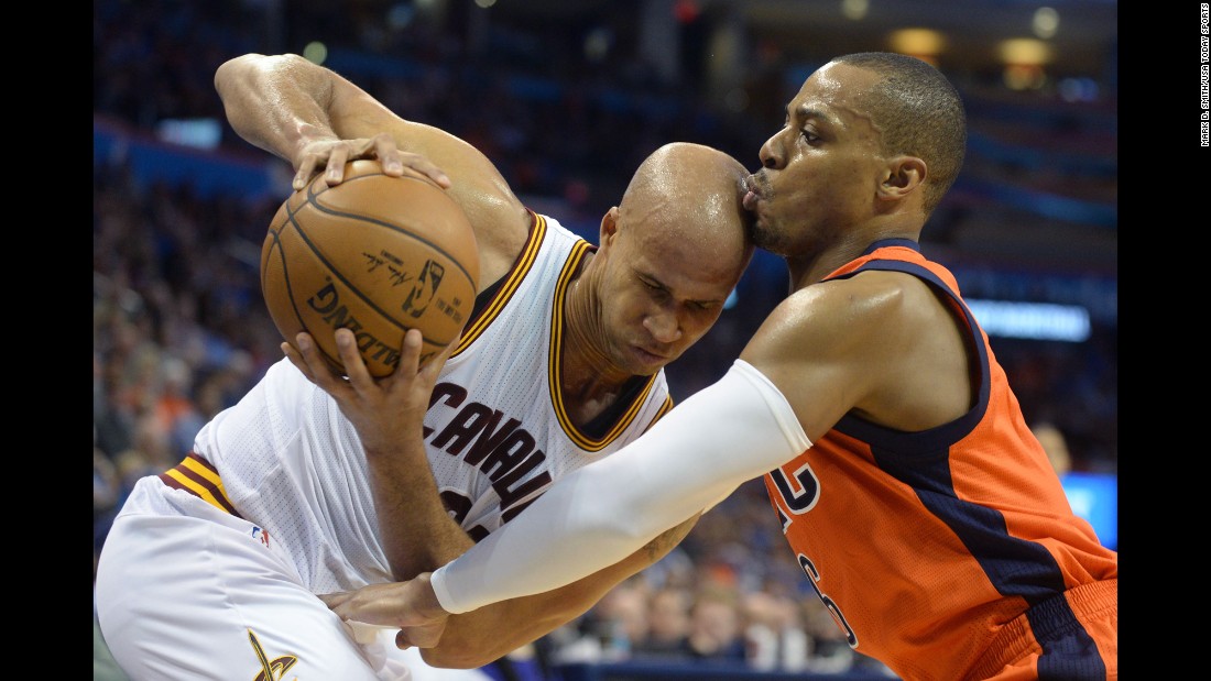 Cleveland's Richard Jefferson, left, is fouled by Randy Foye during an NBA game in Oklahoma City on Sunday, February 21.