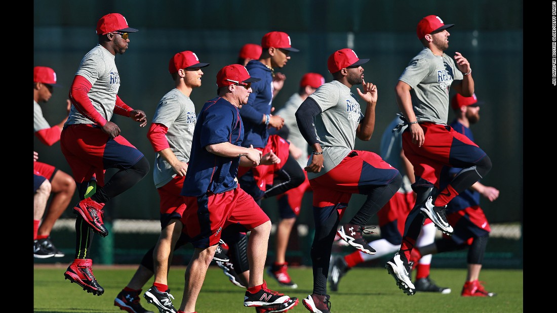 Players from the Boston Red Sox work out in Fort Myers, Florida, on Thursday, February 18. Spring training is officially underway for all major-league teams.